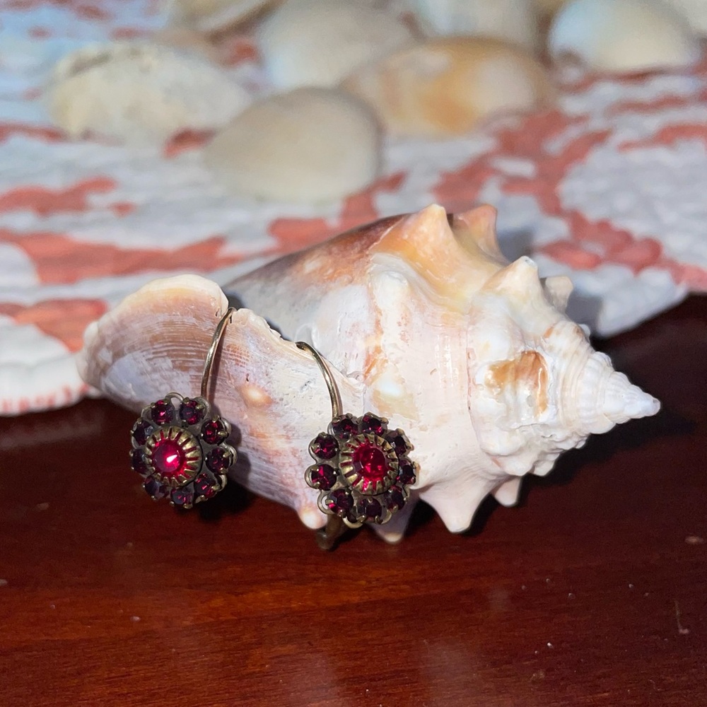Liz Palacios, S.F. Antiqued gold tone and red Swarovski crystal drop earrings